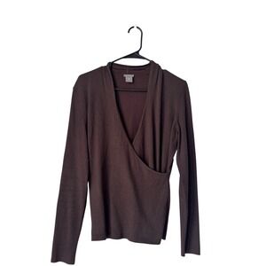 Ann Taylor Brown Faux Wrap Surplice Long Sleeve Knit Sweater Size M 209544